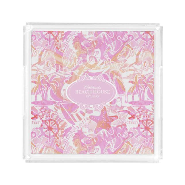 Nautical Beach Collage Hot Pink ID840 Acrylic Tray (Front)