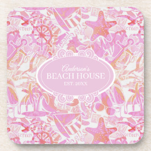 Nautical Beach Collage Hot Pink ID840 Beverage Coaster