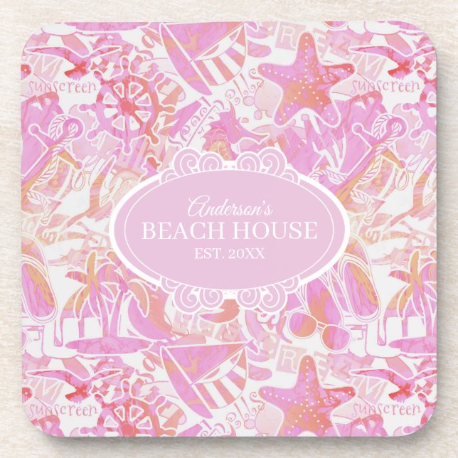 Nautical Beach Collage Hot Pink ID840 Beverage Coaster (Front)