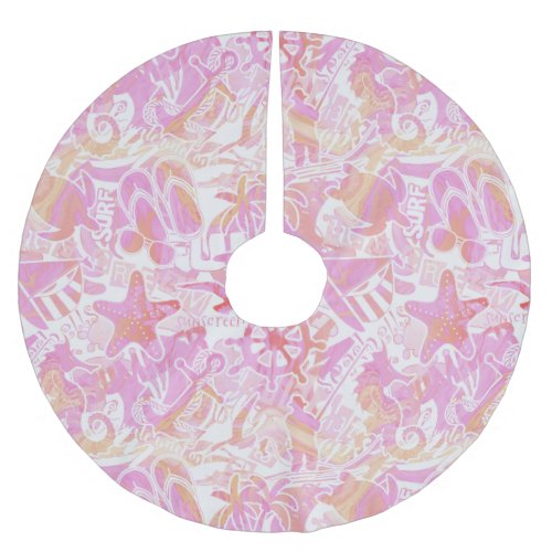   Nautical Beach Collage Hot Pink ID840 Brushed Polyester Tree Skirt