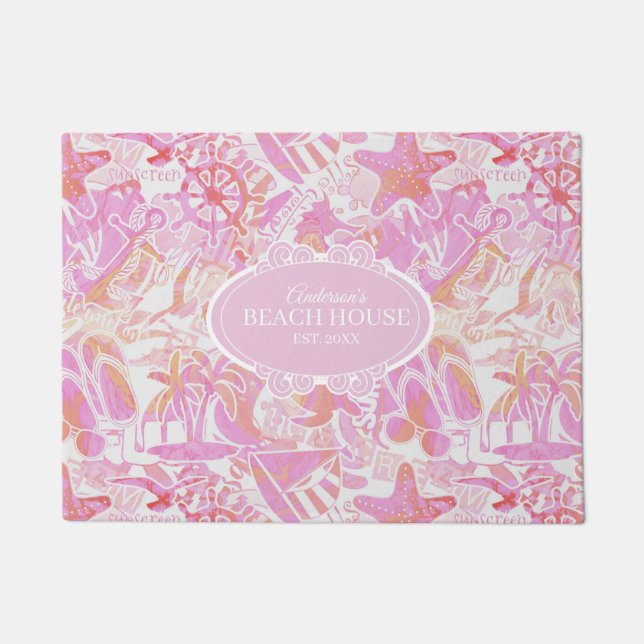 Nautical Beach Collage Hot Pink ID840 Doormat (Front)