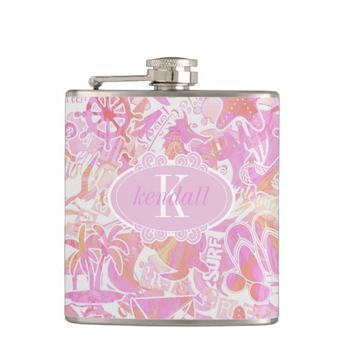 Nautical Beach Collage Hot Pink ID840 Flask