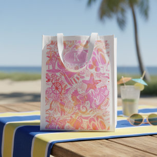 Nautical Beach Collage Hot Pink ID840 Grocery Bag