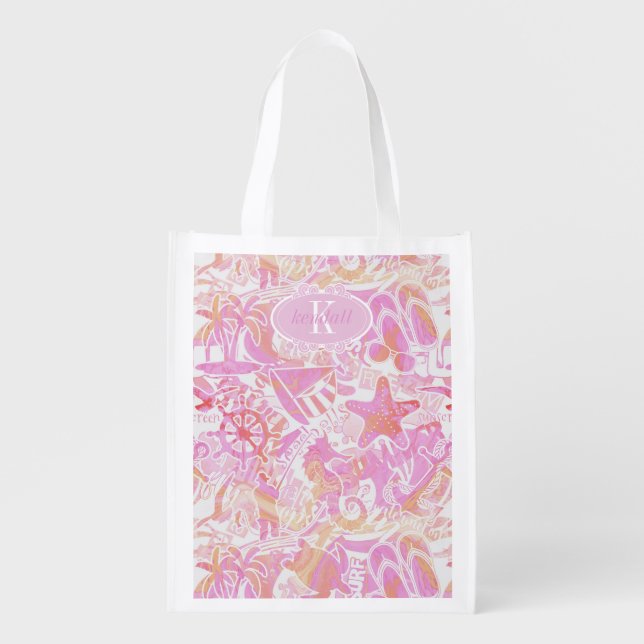 Nautical Beach Collage Hot Pink ID840 Grocery Bag (Front)