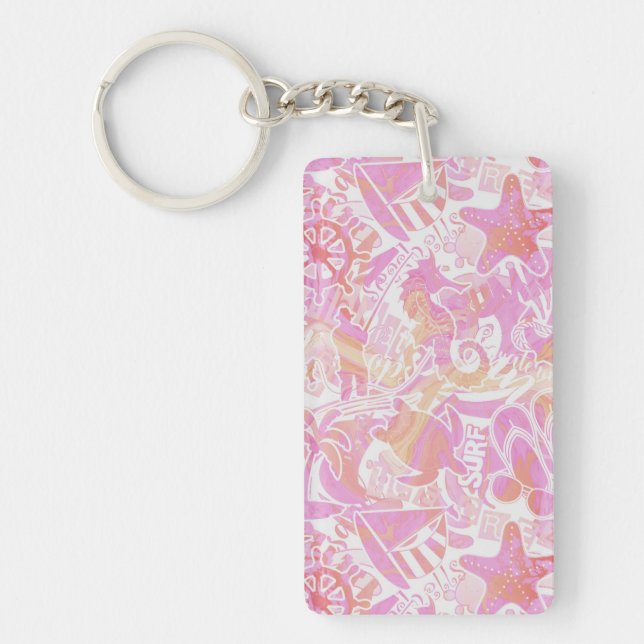 Nautical Beach Collage Hot Pink ID840 Keychain (Front)