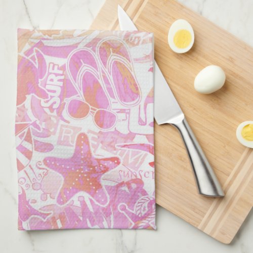 Nautical Beach Collage Hot Pink ID840 Kitchen Towel