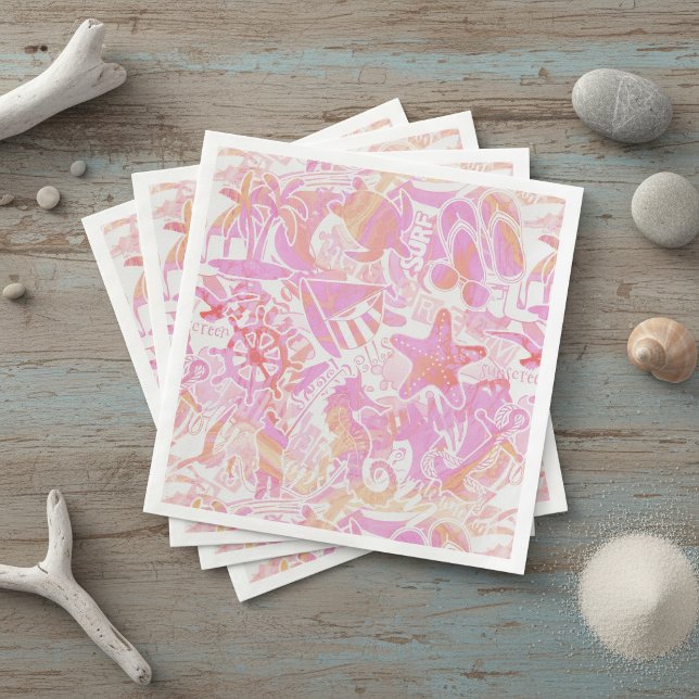 Nautical Beach Collage Hot Pink ID840 Paper Dinner Napkins (Creator Uploaded)