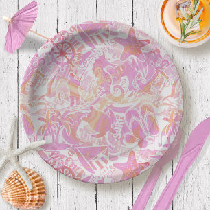 Nautical Beach Collage Hot Pink ID840 Paper Plates