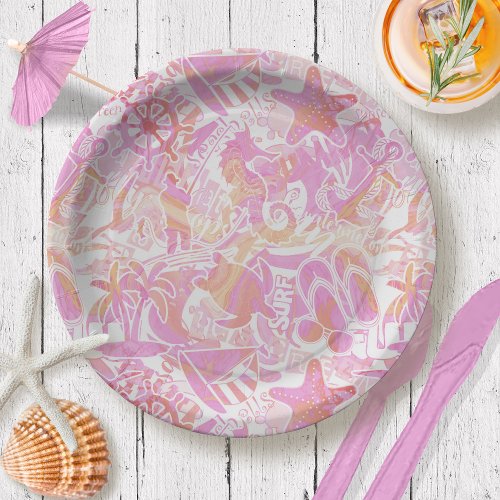 Nautical Beach Collage Hot Pink ID840 Paper Plates