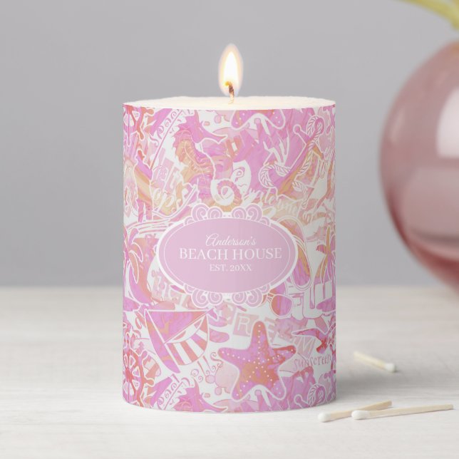 Nautical Beach Collage Hot Pink ID840 Pillar Candle (In Situ)