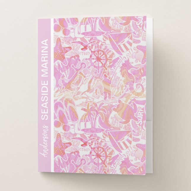 Nautical Beach Collage Hot Pink ID840 Pocket Folder (Front)