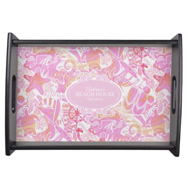  Nautical Beach Collage Hot Pink ID840 Serving Tray (Front)