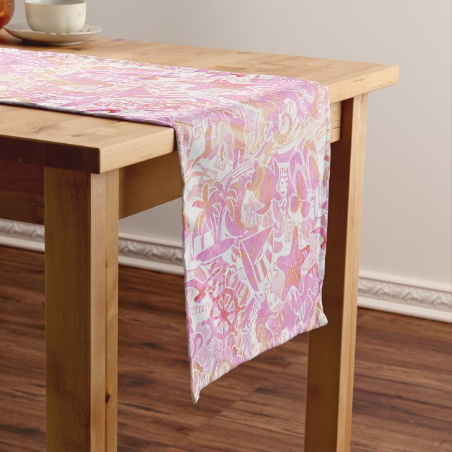 Nautical Beach Collage Hot Pink ID840 Short Table Runner (In Situ)
