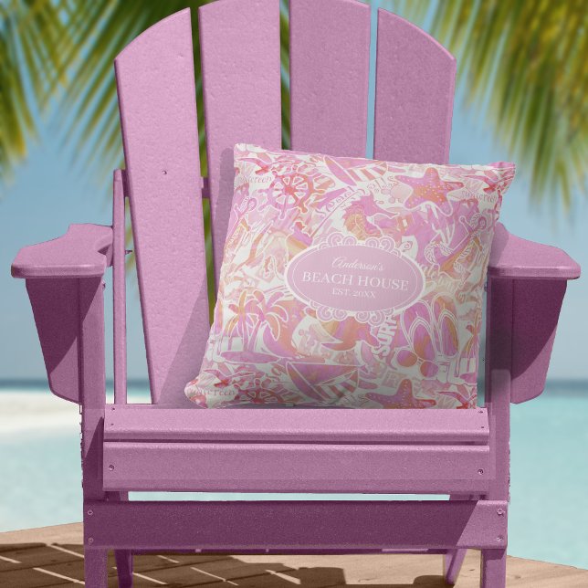 Nautical Beach Collage Hot Pink ID840 Throw Pillow (Creator Uploaded)