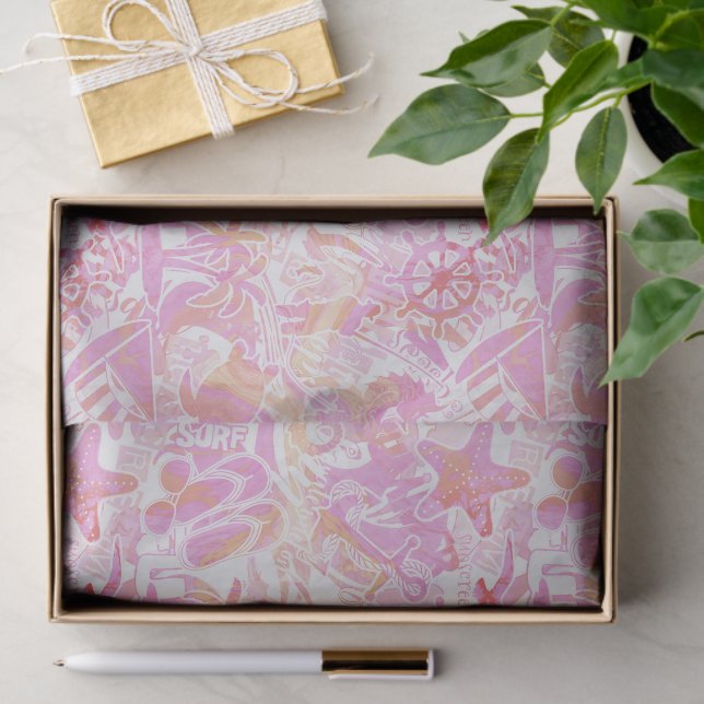 Nautical Beach Collage Hot Pink ID840 Tissue Paper (Gift)