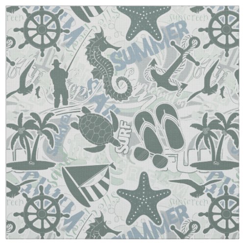 Nautical Beach Collage Olive ID839 Fabric