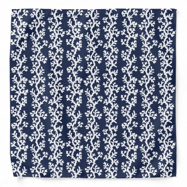 Nautical Beach Coral Reef Navy Blue White Coastal Bandana (Front)