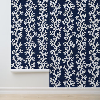 Nautical Beach Coral Reef Navy Blue White Coastal Wallpaper