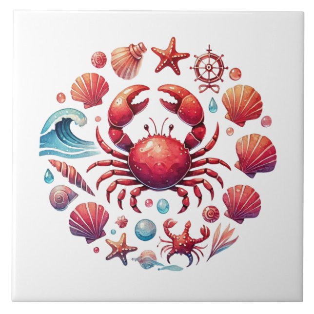Nautical beach crab lovers ceramic tile (Front)