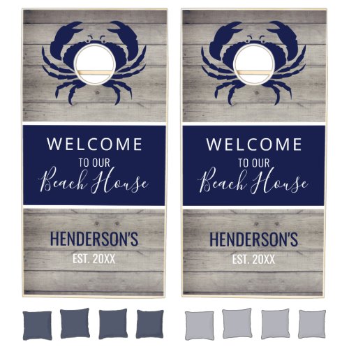 Nautical Beach Crab Rustic Wood Family Monogram Cornhole Set