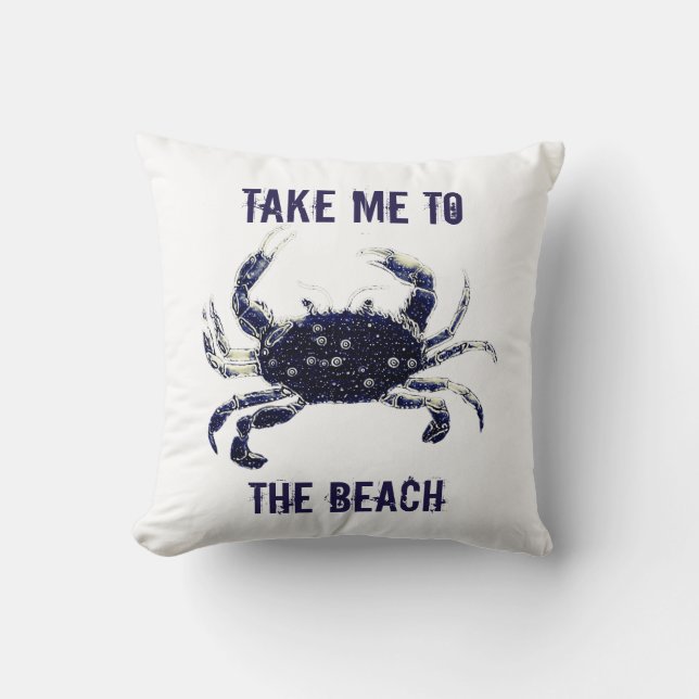 Nautical Beach Crab White Navy Throw Pillow (Front)