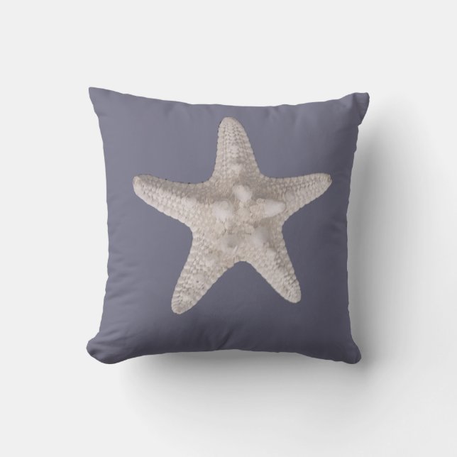 Nautical Beach Dusty Blue White Starfish Throw Pillow (Front)