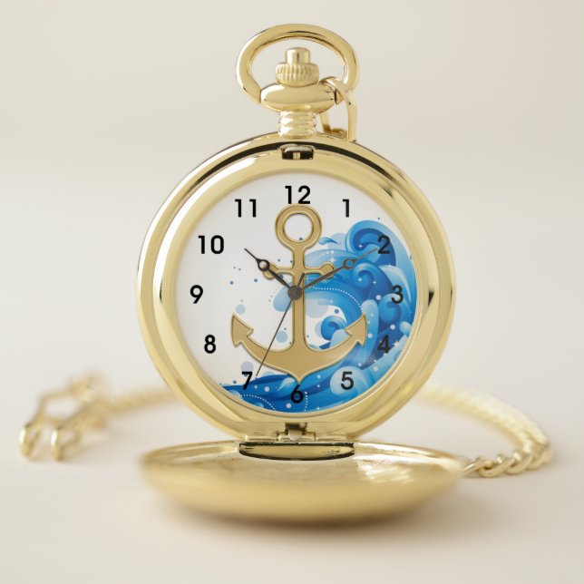 Nautical Beach Gold Anchor Captain Ocean Wave Pocket Watch (Inside)