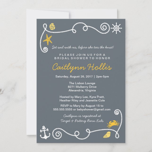 Nautical Beach Grey & Yellow Bridal or Baby Shower Invitation (Front)