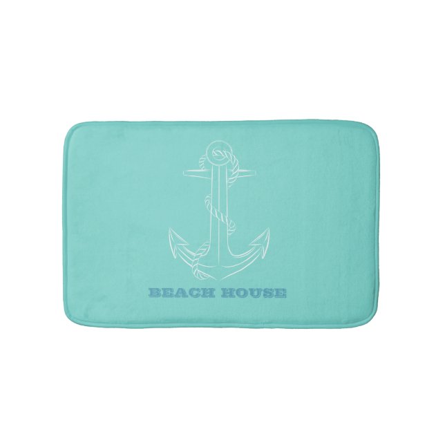 Nautical Beach House,Anchor,Mint Green   Bath Mat (Front)