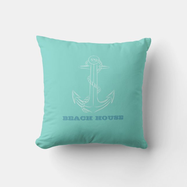 Nautical Beach House,Anchor,Mint Green  Throw Pillow (Front)