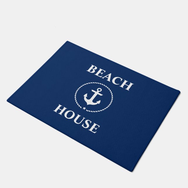 Nautical Beach House Anchor Navy Blue Doormat (Angled)