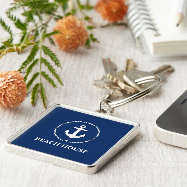 Nautical Beach House Anchor Navy Blue Keychain (Side)