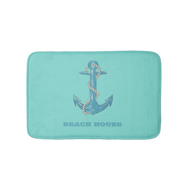 Nautical Beach House,Anchor,Rope,Mint Green   Bath Mat (Front)