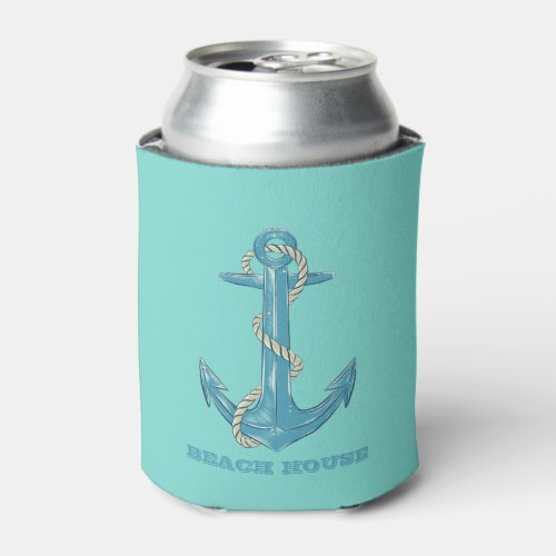 Nautical Beach HouseAnchorRopeMint Green   Can Cooler