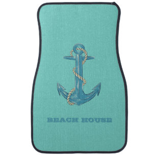 Nautical Beach House,Anchor,Rope,Mint Green Car Floor Mat