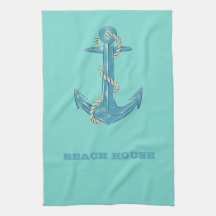 Nautical Beach House,Anchor,Rope,Mint Green Kitchen Towel