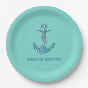 Nautical Beach House,Anchor,Rope,Mint Green Paper Plates