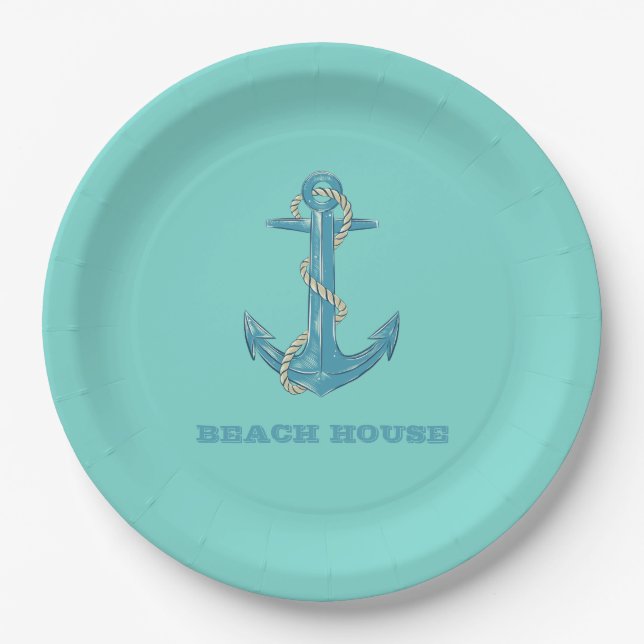 Nautical Beach House,Anchor,Rope,Mint Green   Paper Plates (Front)