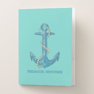 Nautical Beach House,Anchor,Rope,Mint Green Pocket Folder