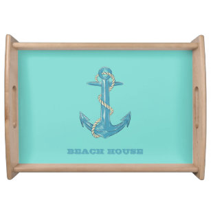 Nautical Beach House,Anchor,Rope,Mint Green   Serving Tray