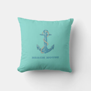 Nautical Beach House,Anchor,Rope,Mint Green Throw Pillow
