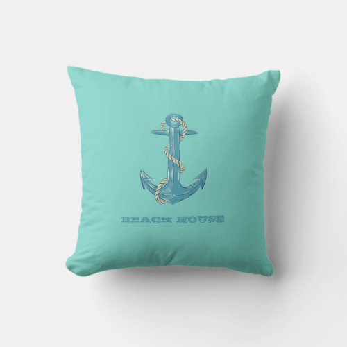 Nautical Beach HouseAnchorRopeMint Green  Throw Pillow