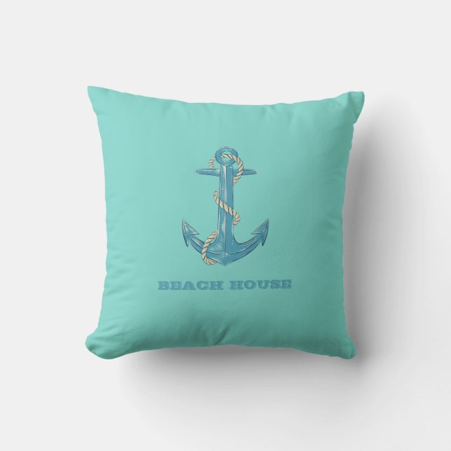 Nautical Beach House,Anchor,Rope,Mint Green  Throw Pillow (Front)