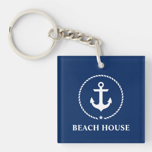 Nautical Beach House Anchor Rope Navy Blue Keychain