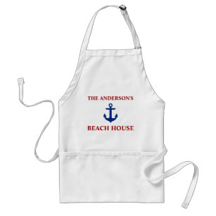 Nautical Beach House Blue Anchor Red Family Name Adult Apron