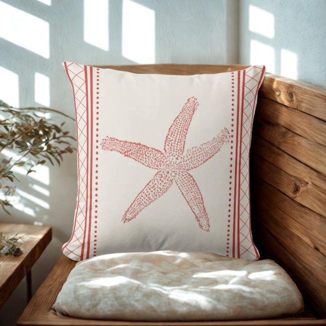 Nautical Beach House Coastal Starfish Throw Pillow (Coral Starfish Throw Pillows - perfect for coastal and nautical beach house themes)