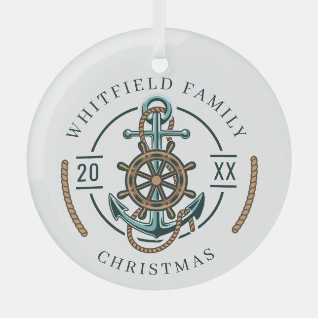 Nautical Beach House Family Christmas Holidays Glass Ornament (Front)