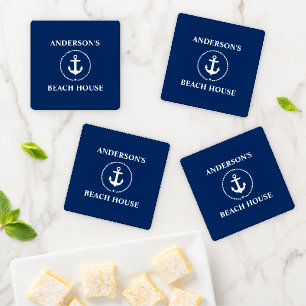 Nautical Beach House Family Name Anchor Blue Coaster Set