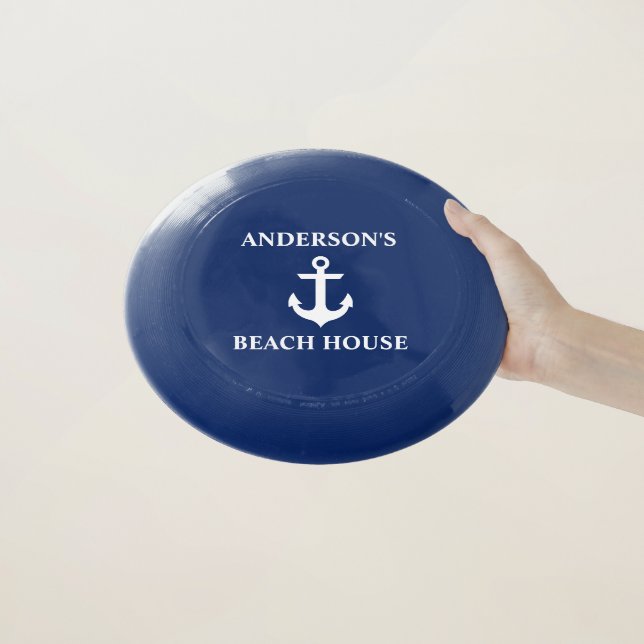 Nautical Beach House Family Name Anchor Blue Wham-O Frisbee (In Hand)
