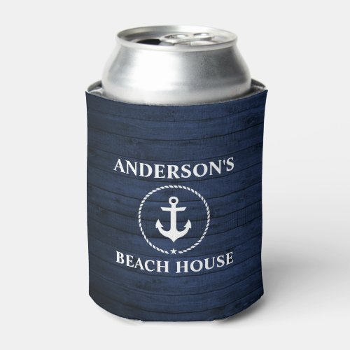 Nautical Beach House Family Name Anchor Blue Wood Can Cooler